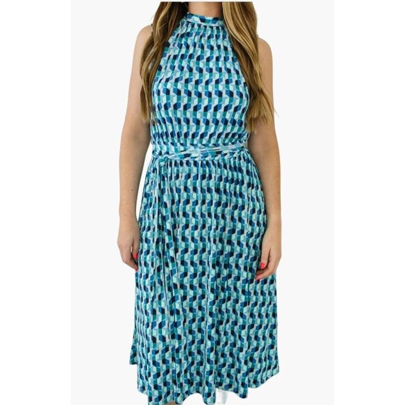 Leota Mindy Shirred Midi Dress Women's Size Medium Elegant High Neckline Sleevel - Picture 3 of 5